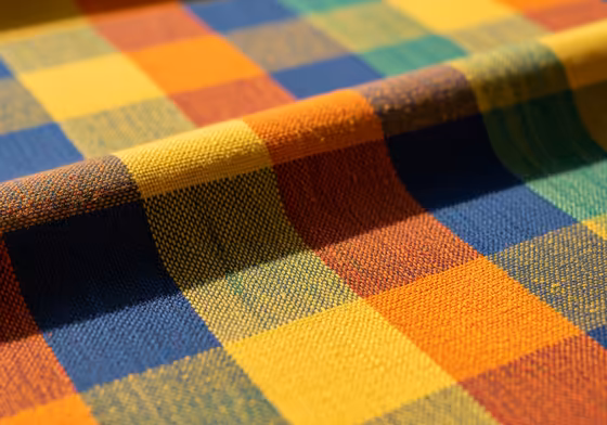 A close-up shot of lightweight, colorful Madras plaid cotton fabric, showing its unique hand-woven texture.
