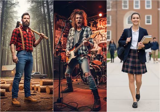A collage showing three different subcultures wearing plaid: a rugged lumberjack, a 90s grunge musician, and a preppy student.