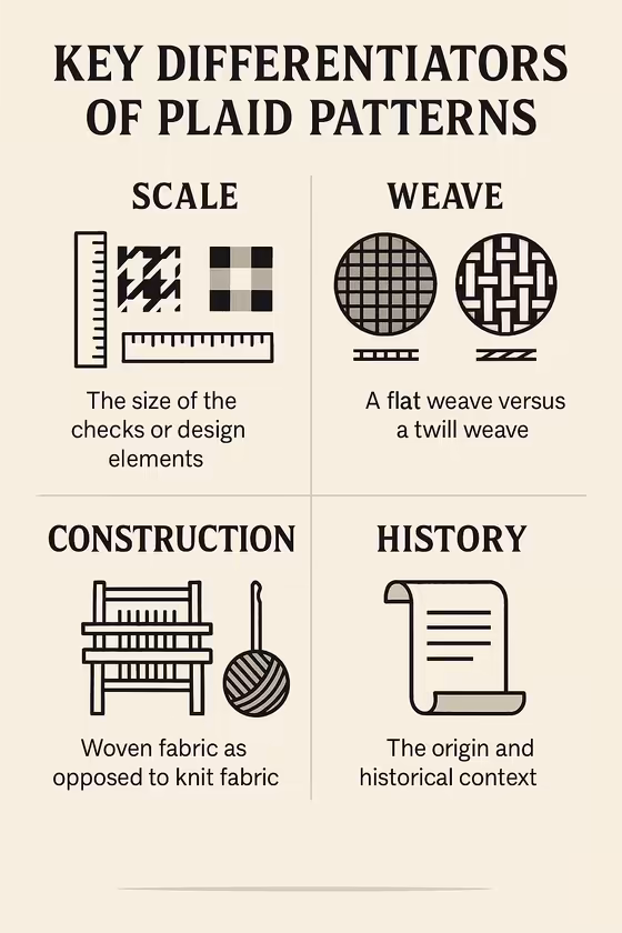 An infographic summarizing the key ways plaid patterns differ, including scale, weave, construction, and history.