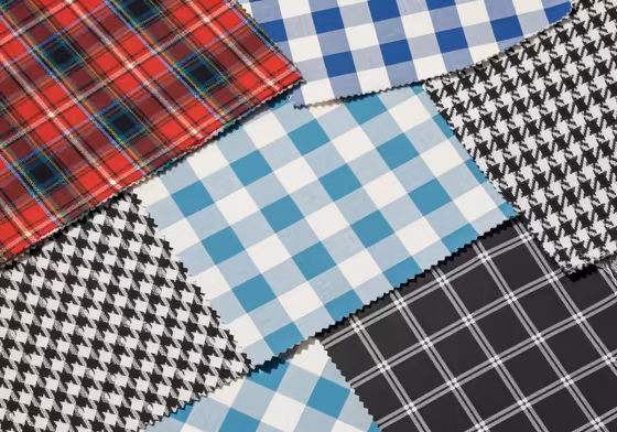 A collage of different plaid fabric swatches, including Tartan, Gingham, and Houndstooth.