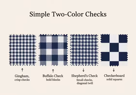 An infographic comparing four simple check patterns: Gingham, Buffalo Check, Shepherd's Check, and Checkerboard.