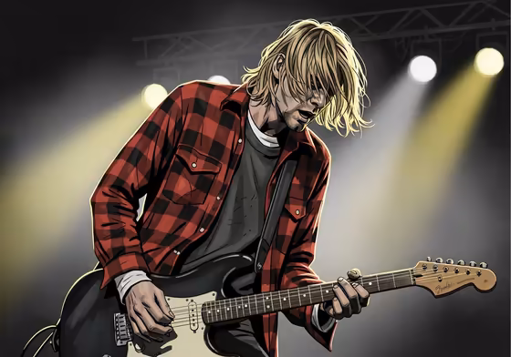 A stylized illustration of a 1990s grunge rock band on stage, with the lead singer wearing an iconic red and black plaid flannel shirt.